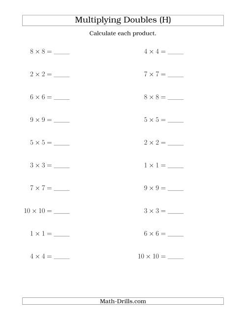 The Multiplying Doubles up to 10 by 10 (H) Math Worksheet