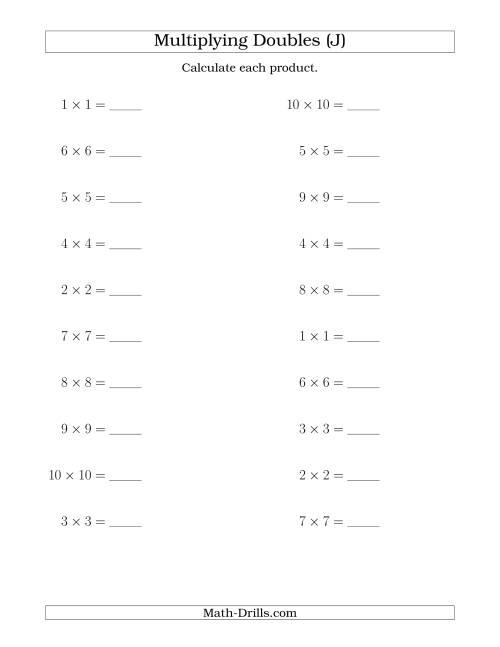 The Multiplying Doubles up to 10 by 10 (J) Math Worksheet