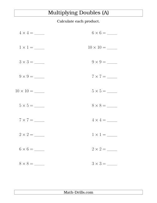 The Multiplying Doubles up to 10 by 10 (All) Math Worksheet