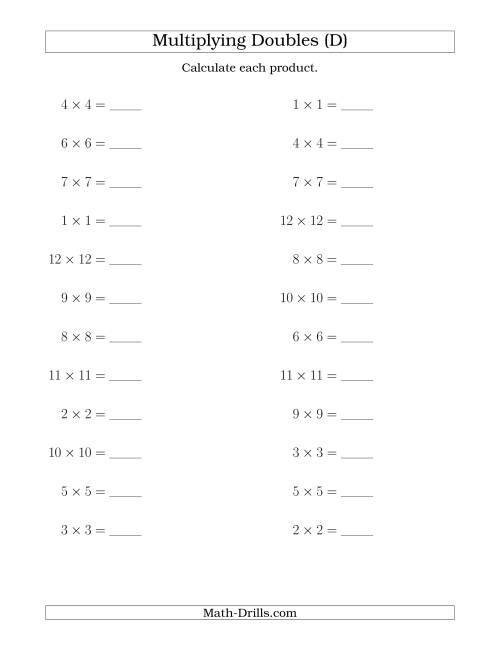 The Multiplying Doubles up to 12 by 12 (D) Math Worksheet