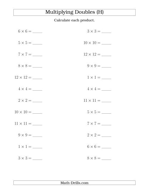 The Multiplying Doubles up to 12 by 12 (H) Math Worksheet