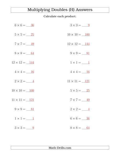 The Multiplying Doubles up to 12 by 12 (H) Math Worksheet Page 2