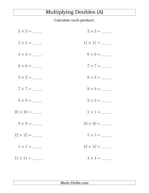 The Multiplying Doubles up to 12 by 12 (All) Math Worksheet