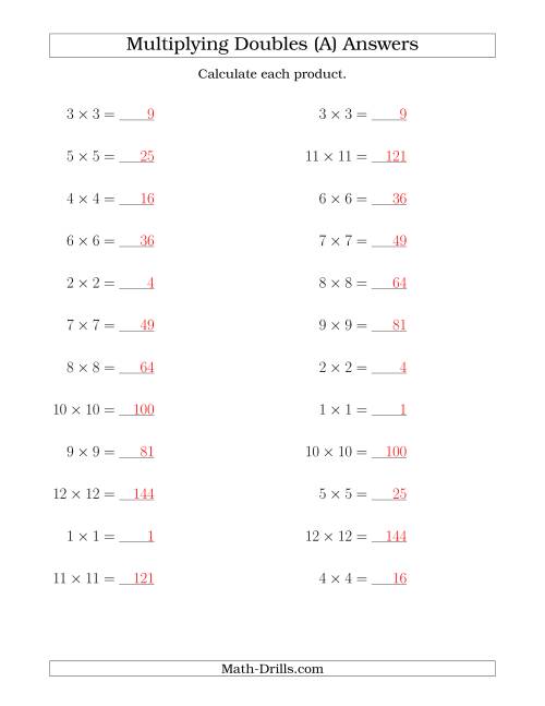 The Multiplying Doubles up to 12 by 12 (All) Math Worksheet Page 2
