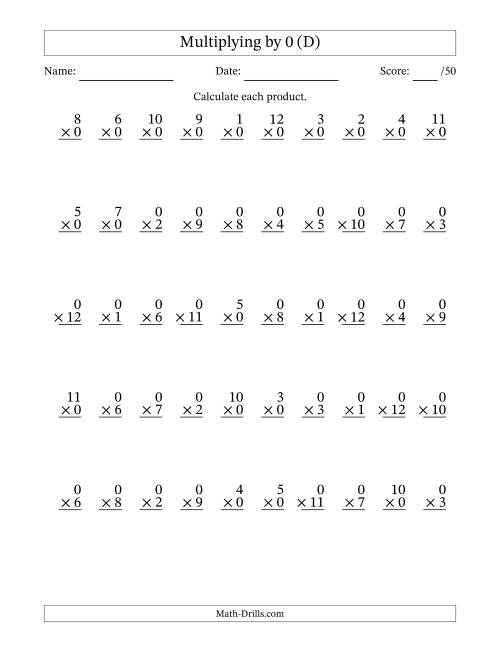 The Multiplying (1 to 12) by 0 (50 Questions) (D) Math Worksheet