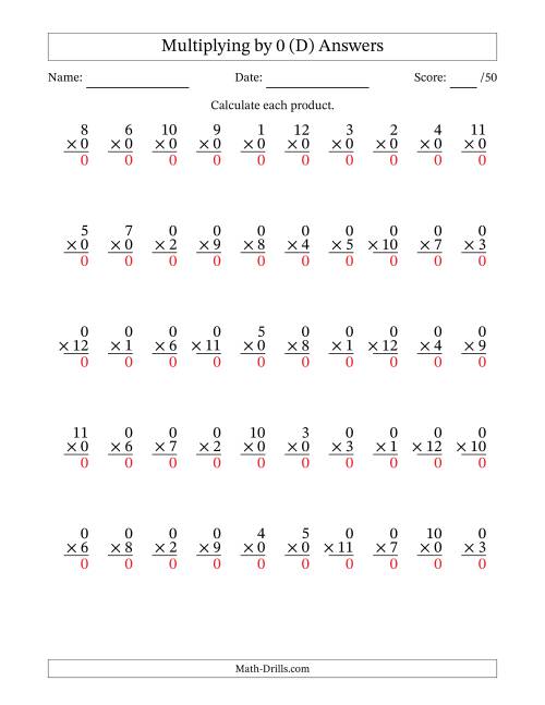 The Multiplying (1 to 12) by 0 (50 Questions) (D) Math Worksheet Page 2