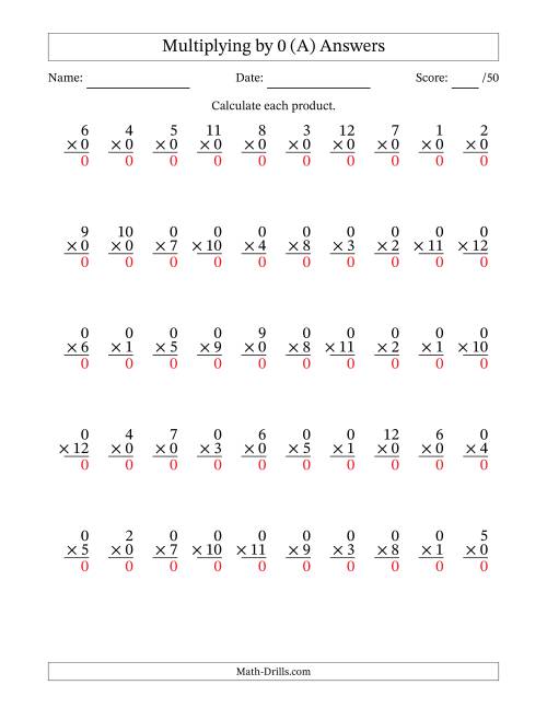 The Multiplying (1 to 12) by 0 (50 Questions) (All) Math Worksheet Page 2