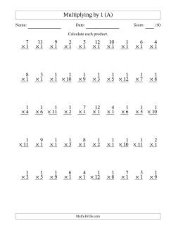 Multiplying (1 to 12) by 1 (50 Questions)