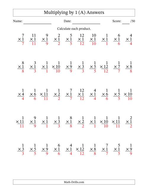 The Multiplying (1 to 12) by 1 (50 Questions) (A) Math Worksheet Page 2