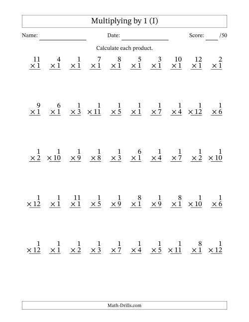 The Multiplying (1 to 12) by 1 (50 Questions) (I) Math Worksheet