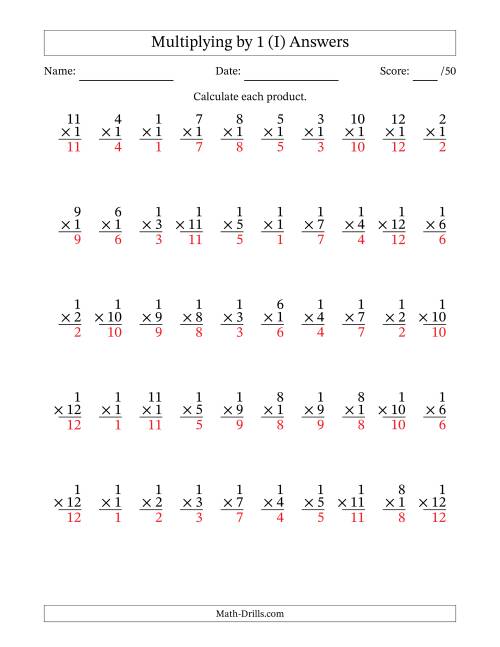 The Multiplying (1 to 12) by 1 (50 Questions) (I) Math Worksheet Page 2