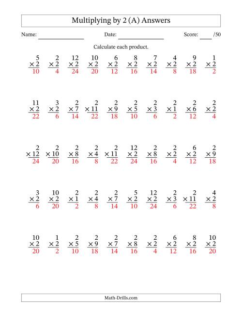 The Multiplying (1 to 12) by 2 (50 Questions) (A) Math Worksheet Page 2