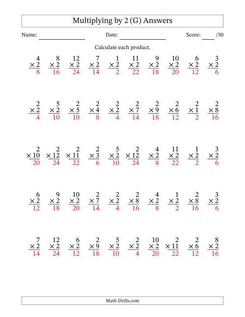 The Multiplying (1 to 12) by 2 (50 Questions) (G) Math Worksheet Page 2