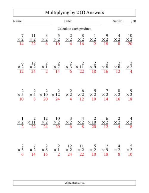 The Multiplying (1 to 12) by 2 (50 Questions) (I) Math Worksheet Page 2