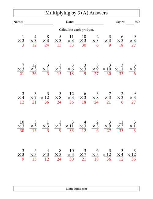 The Multiplying (1 to 12) by 3 (50 Questions) (A) Math Worksheet Page 2