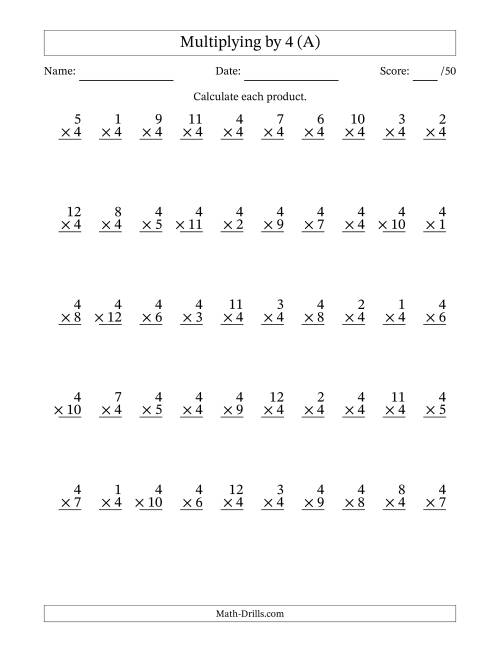 The Multiplying (1 to 12) by 4 (50 Questions) (A) Math Worksheet