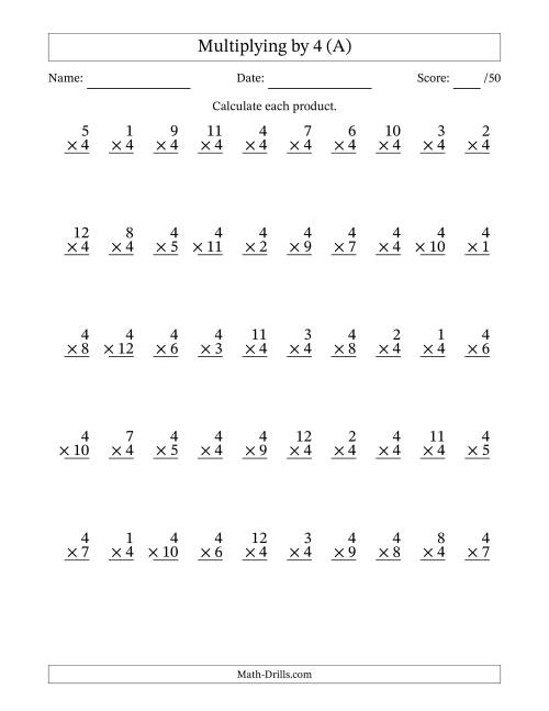 Multiplying 1 To 12 By 4 100 Questions A 4 Times Table Worksheets Pdf 