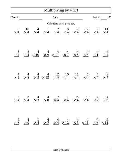 The Multiplying (1 to 12) by 4 (50 Questions) (B) Math Worksheet