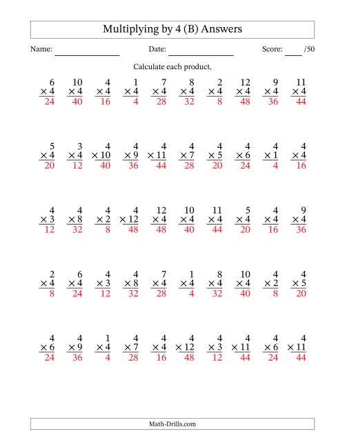 The Multiplying (1 to 12) by 4 (50 Questions) (B) Math Worksheet Page 2