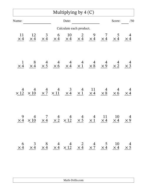 The Multiplying (1 to 12) by 4 (50 Questions) (C) Math Worksheet