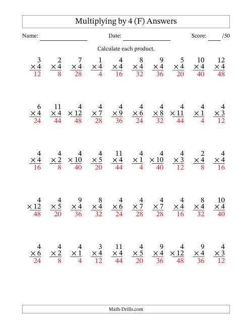 The Multiplying (1 to 12) by 4 (50 Questions) (F) Math Worksheet Page 2
