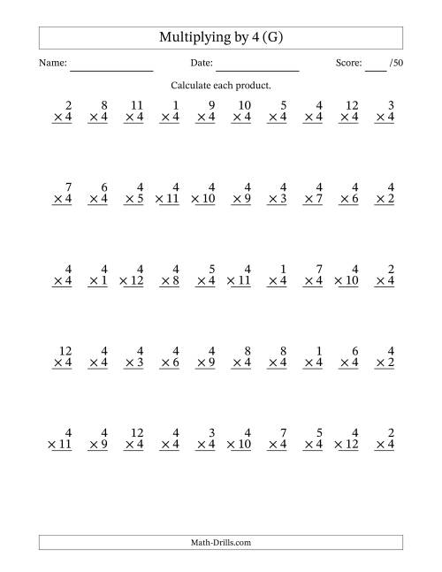 The Multiplying (1 to 12) by 4 (50 Questions) (G) Math Worksheet