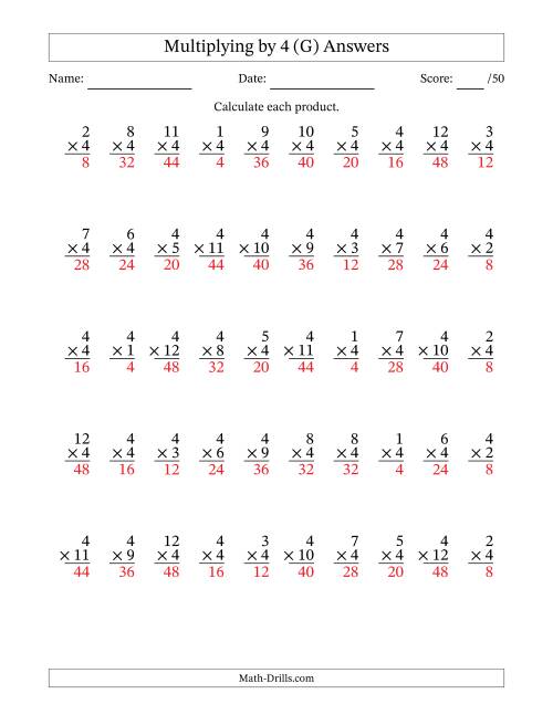 The Multiplying (1 to 12) by 4 (50 Questions) (G) Math Worksheet Page 2
