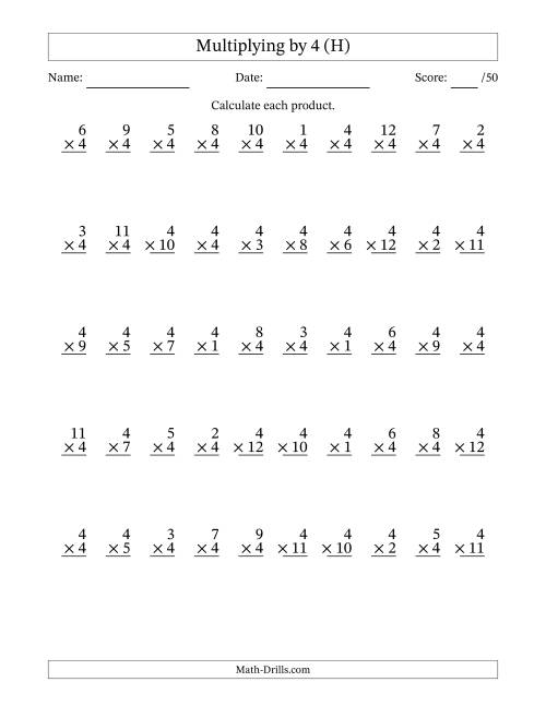 The Multiplying (1 to 12) by 4 (50 Questions) (H) Math Worksheet
