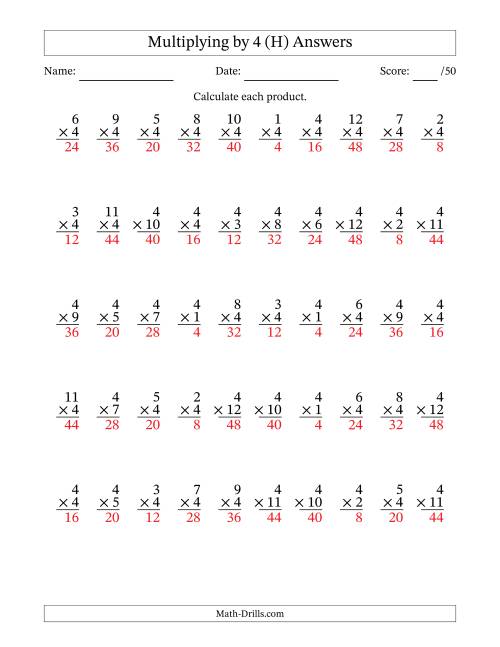 The Multiplying (1 to 12) by 4 (50 Questions) (H) Math Worksheet Page 2
