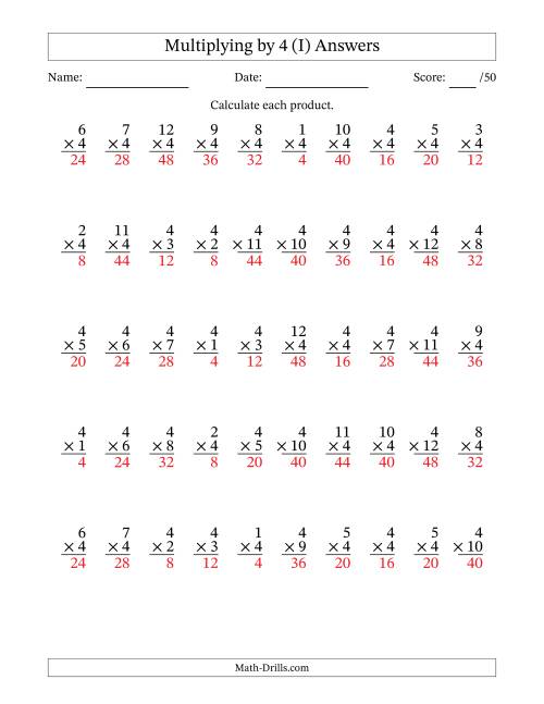 The Multiplying (1 to 12) by 4 (50 Questions) (I) Math Worksheet Page 2