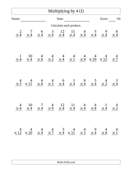The Multiplying (1 to 12) by 4 (50 Questions) (J) Math Worksheet