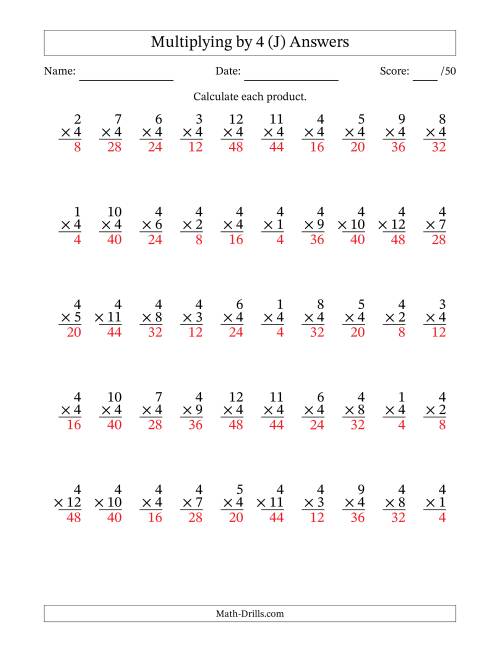 The Multiplying (1 to 12) by 4 (50 Questions) (J) Math Worksheet Page 2