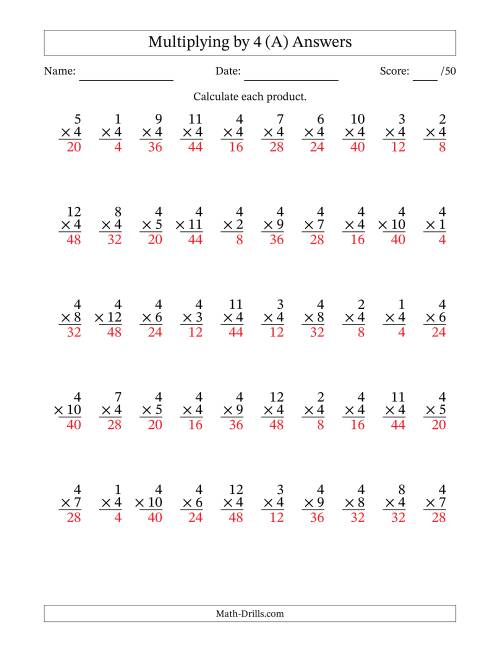 The Multiplying (1 to 12) by 4 (50 Questions) (All) Math Worksheet Page 2