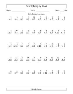 Multiplying (1 to 12) by 5 (50 Questions)