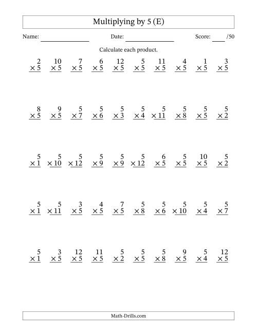 The Multiplying (1 to 12) by 5 (50 Questions) (E) Math Worksheet