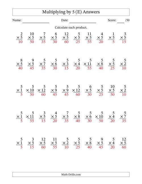 The Multiplying (1 to 12) by 5 (50 Questions) (E) Math Worksheet Page 2