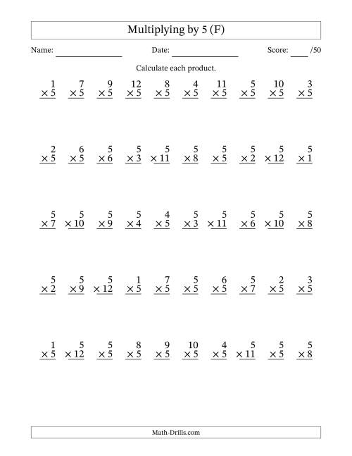 The Multiplying (1 to 12) by 5 (50 Questions) (F) Math Worksheet