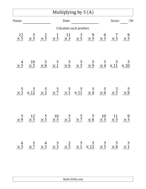 The Multiplying (1 to 12) by 5 (50 Questions) (All) Math Worksheet