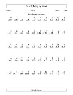 Multiplying (1 to 12) by 6 (50 Questions)