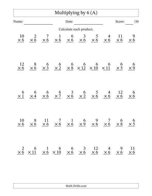 The Multiplying (1 to 12) by 6 (50 Questions) (A) Math Worksheet