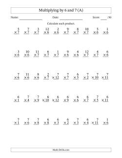 Multiplying (1 to 12) by 6 and 7 (50 Questions)