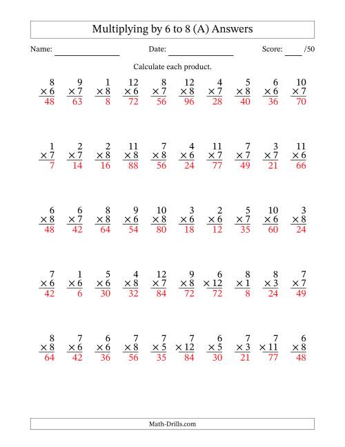 The Multiplying (1 to 12) by 6 to 8 (50 Questions) (A) Math Worksheet Page 2