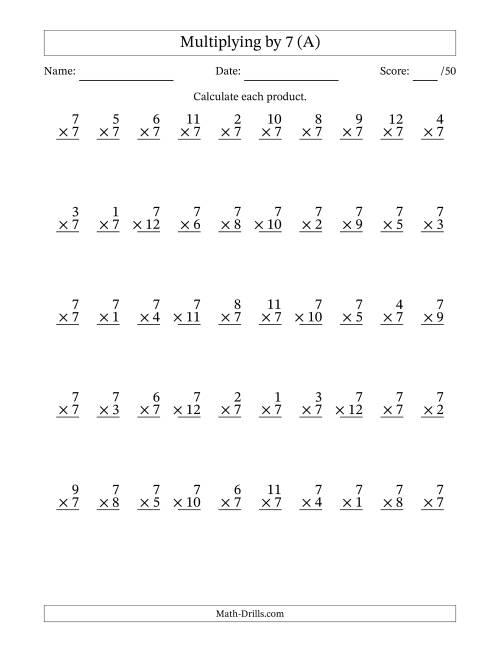 The Multiplying (1 to 12) by 7 (50 Questions) (A) Math Worksheet