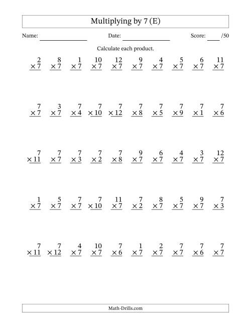 The Multiplying (1 to 12) by 7 (50 Questions) (E) Math Worksheet