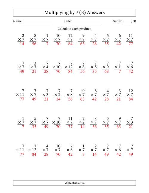The Multiplying (1 to 12) by 7 (50 Questions) (E) Math Worksheet Page 2