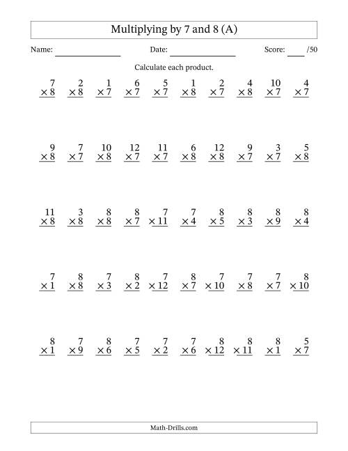 The Multiplying (1 to 12) by 7 and 8 (50 Questions) (A) Math Worksheet