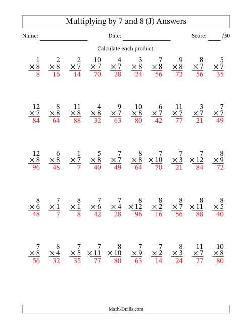 The Multiplying (1 to 12) by 7 and 8 (50 Questions) (J) Math Worksheet Page 2