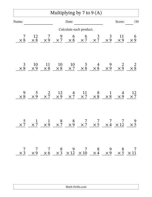 The Multiplying (1 to 12) by 7 to 9 (50 Questions) (All) Math Worksheet