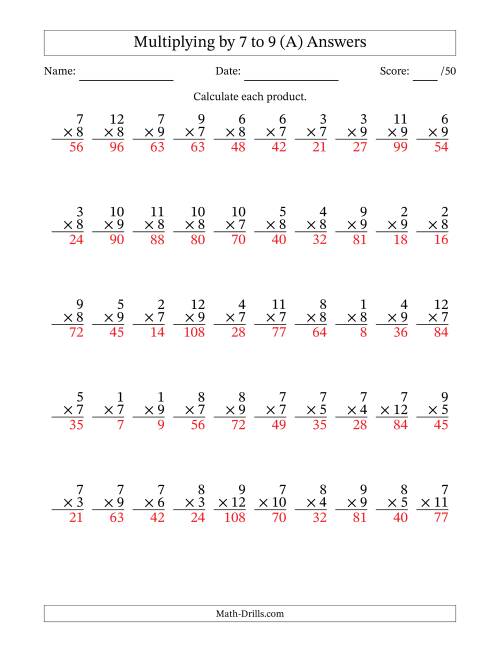 The Multiplying (1 to 12) by 7 to 9 (50 Questions) (All) Math Worksheet Page 2
