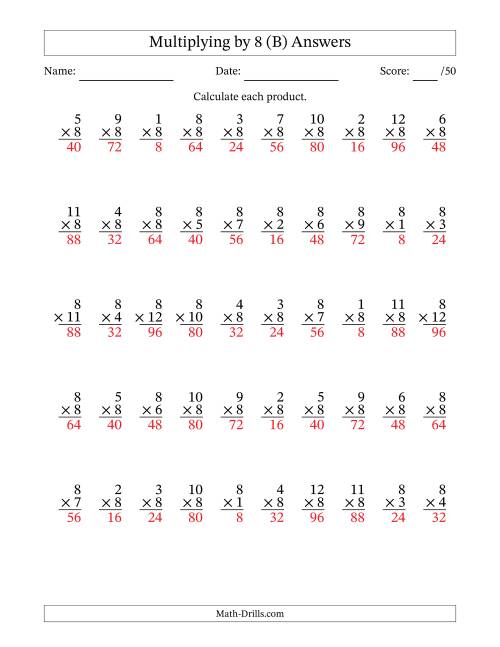 The Multiplying (1 to 12) by 8 (50 Questions) (B) Math Worksheet Page 2